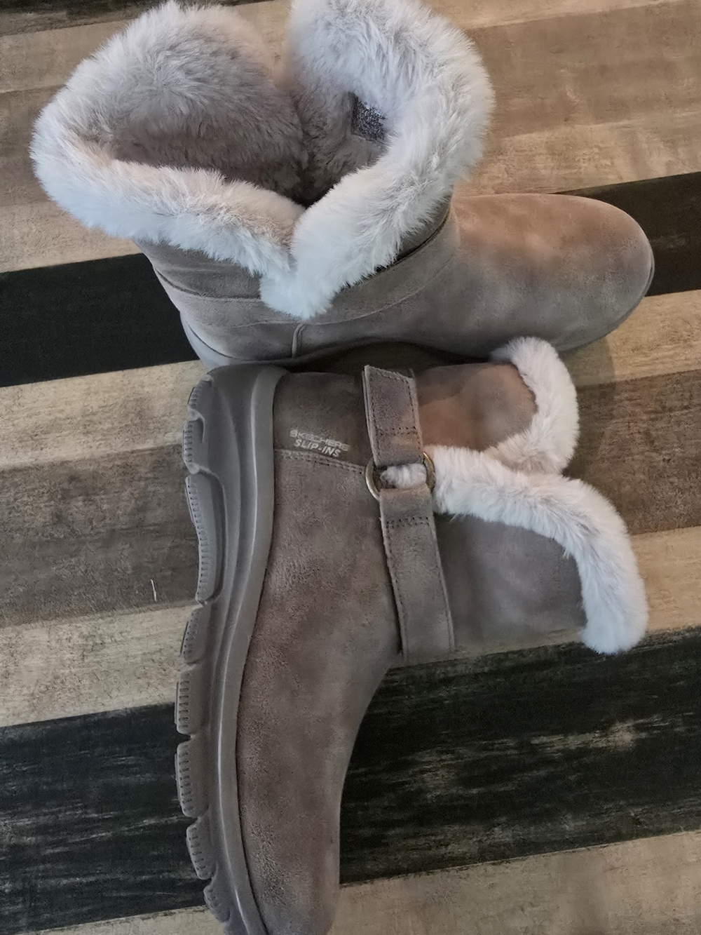 Skechers Gray Faux-Fur Trim Ankle Winter Boots